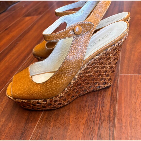PRADA Wedge Leather Upper High (3-3.9 in) Heel Height  Prada  Brown Sandal with Woven Wedge Heel, size 37 1/2.